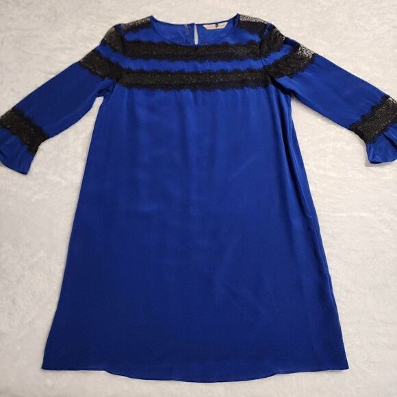 Rebecca Taylor Women Silk Royal Blue with Black Lace Trumpet Sleeve Dress Size 8 - Picture 1 of 12
